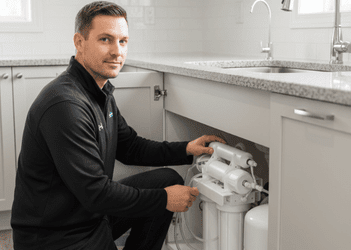 Professional assembling under-sink reverse osmosis water purification module within grey residential kitchen cabinetry.
