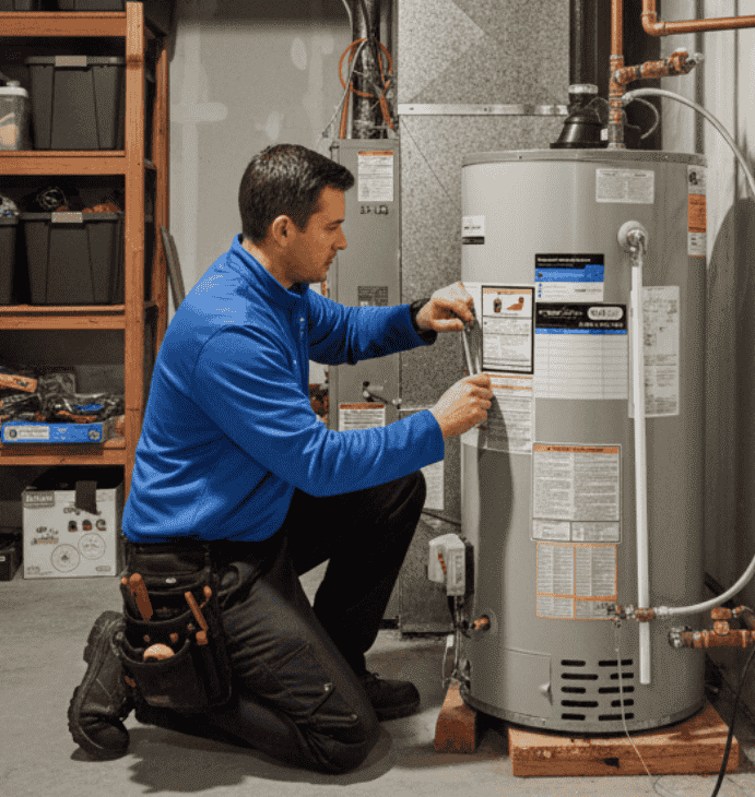 Contractor reviewing natural gas water heater energy efficiency rating placard during basement plumbing inspection.