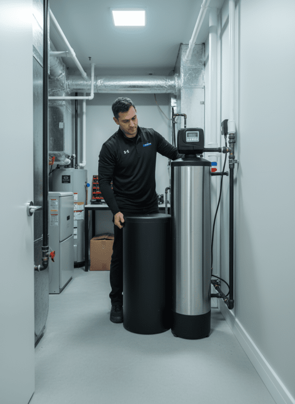 Positioning a saline regeneration tank adjacent to a point-of-entry metallic ion-exchange resin column equipped with an electronic volumetric metered head.