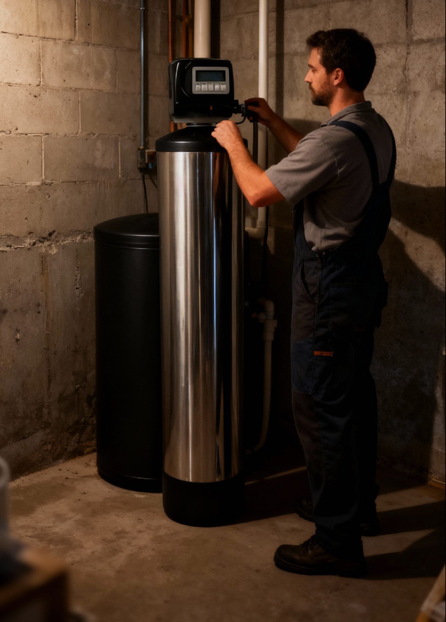 LG Home Comfort technician setting up a new water softener system in North York