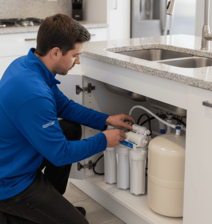 Expert-technician-installing-water-carbon-filter-in-Sarnia-ON-home-LG-Home-Comfort