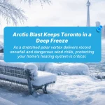An HVAC technician in a professional uniform stands in a warm, modern basement next to a newly installed high efficiency furnace