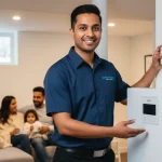 An HVAC technician in a professional uniform stands in a warm, modern basement next to a newly installed high efficiency furnace