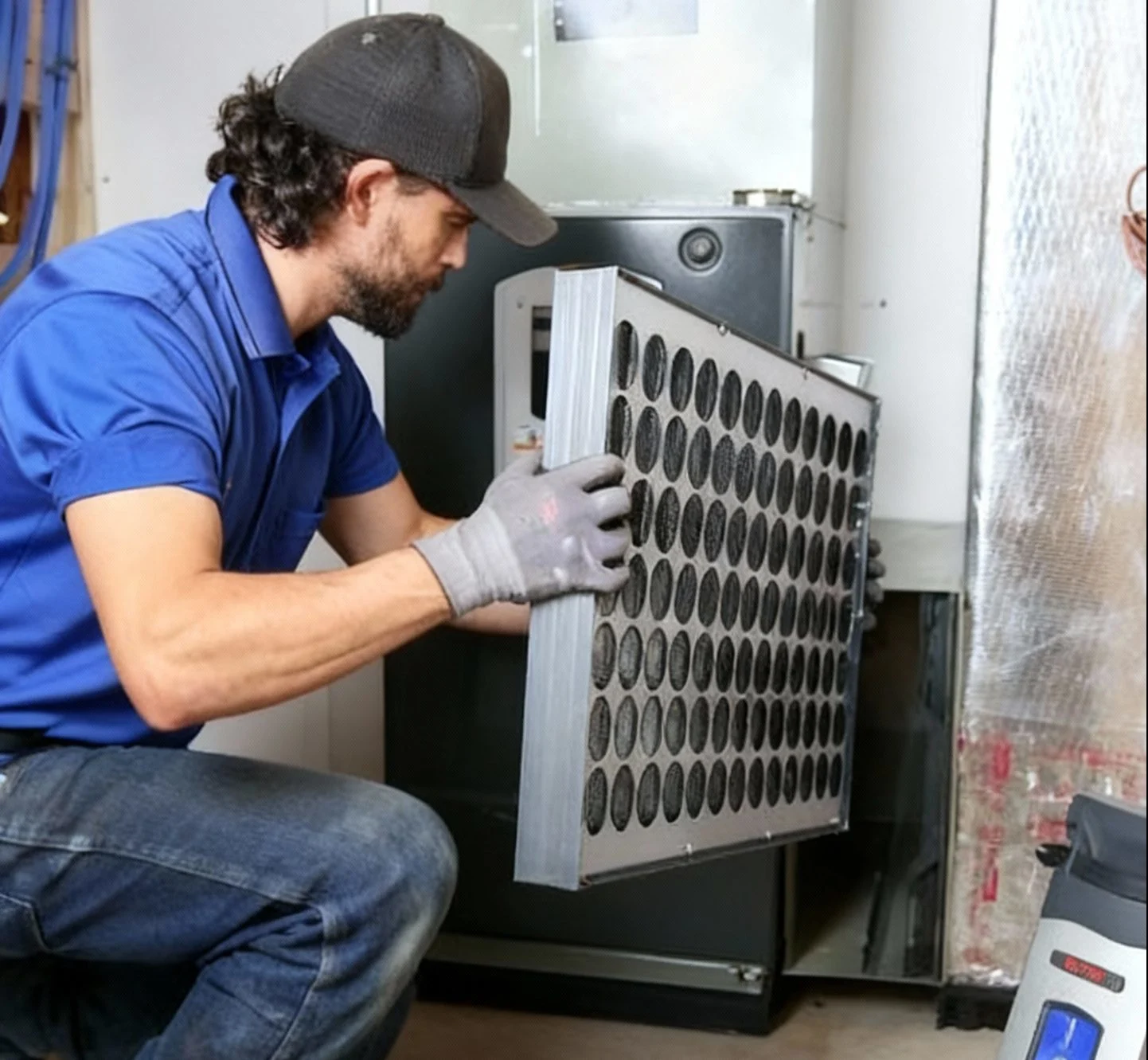 HVAC technician in work gloves installing a high-efficiency heavy-duty media air filter into a residential furnace system.