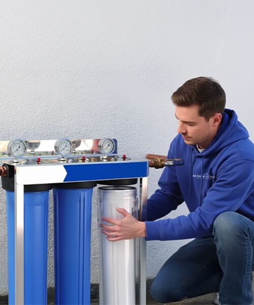 Certified technician installing water carbon filter in Chatham-Kent, ON home - LG Home Comfort