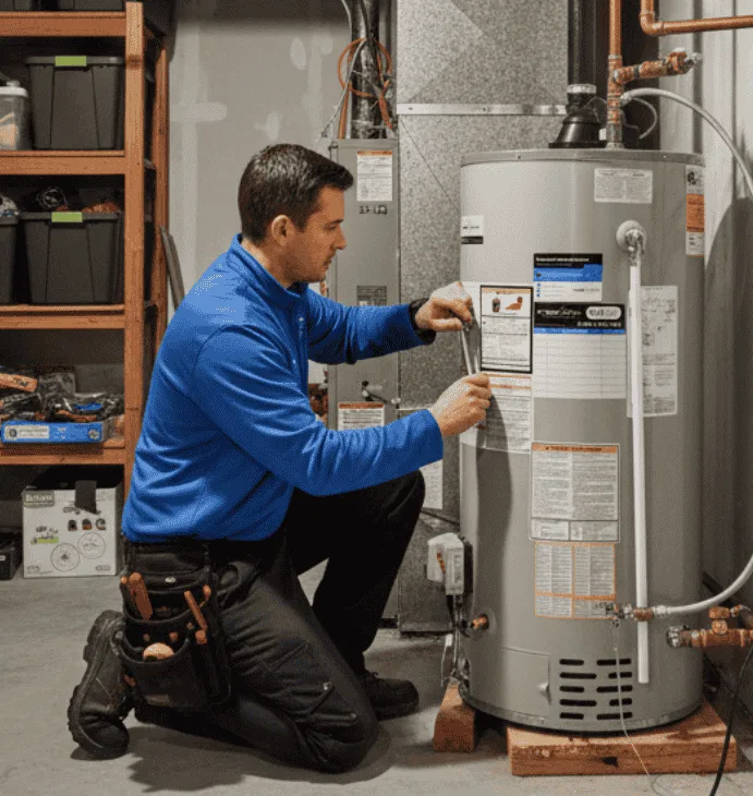 Contractor reviewing natural gas water heater energy efficiency rating placard during basement plumbing inspection.