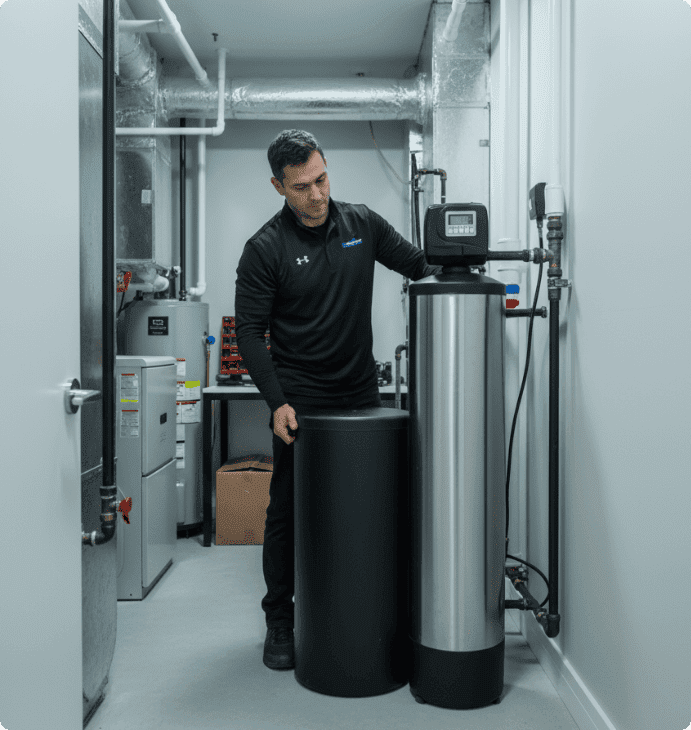 Expert installing dark polymer brine reservoir alongside tall stainless ion-exchange water softening cylinder featuring automated digital control valve inside residential mechanical room.