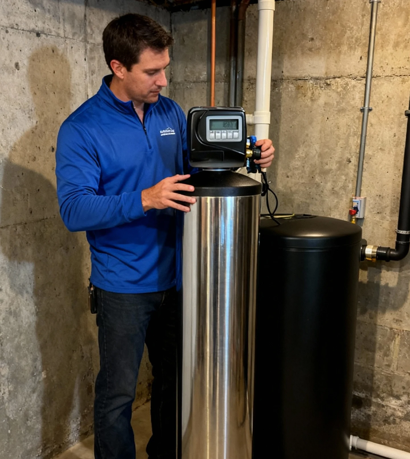 Plumbing professional configuring digital control valve on stainless steel residential water softening filtration system inside concrete basement.