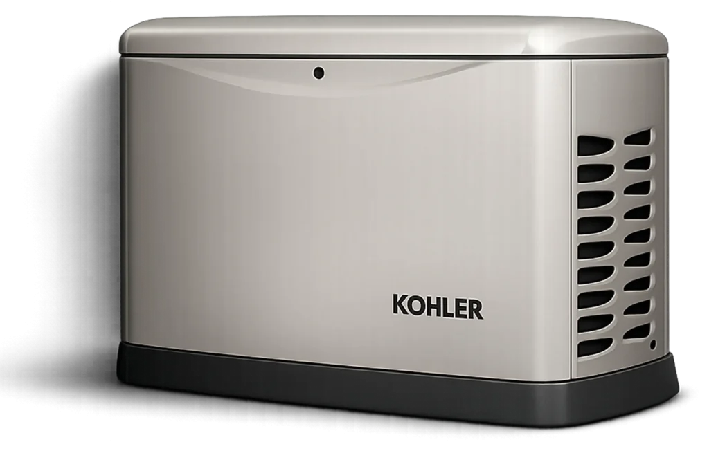 Stationary Kohler home standby generator enclosure for reliable emergency electrical power backup solutions.