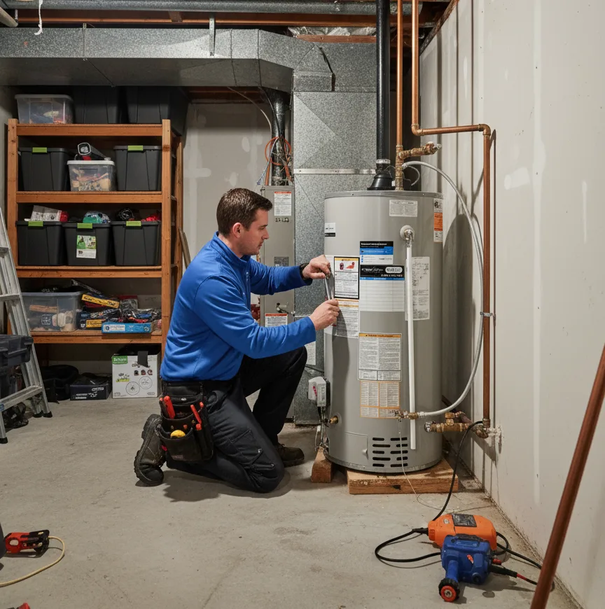 Certified maintenance worker utilizing hand tools to calibrate a freestanding natural gas hot water heating tank within a residential utility space.