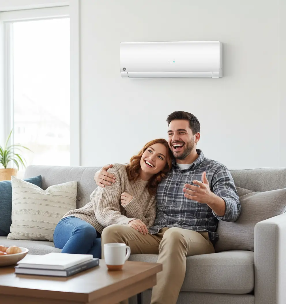LG Home Comfort technician performing air conditioning maintenance in Paris Ontario