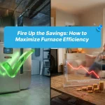 An HVAC technician in a professional uniform stands in a warm, modern basement next to a newly installed high efficiency furnace