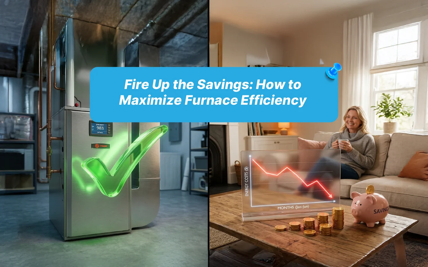 An HVAC technician in a professional uniform stands in a warm, modern basement next to a newly installed high efficiency furnace