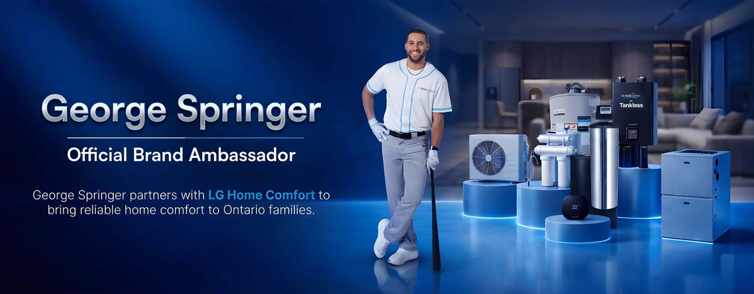 Professional baseball athlete George Springer in branded LG Home Comfort apparel promoting high-performance HVAC equipment solutions.