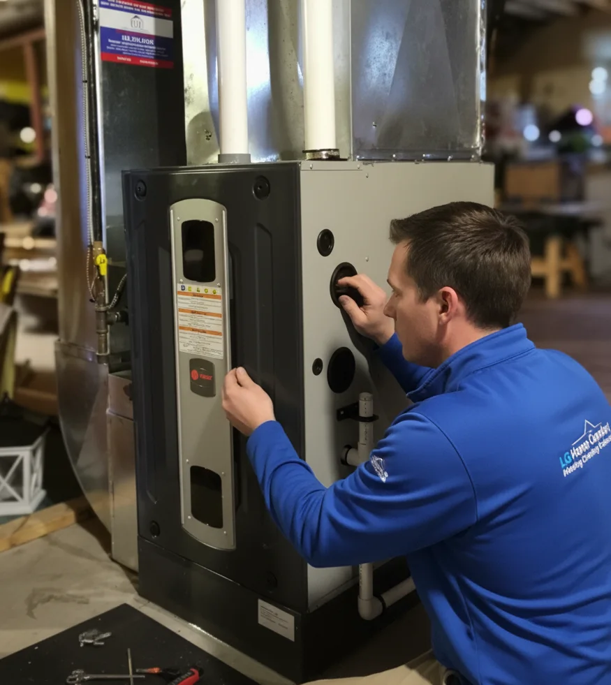 Technician fixing a furnace issue in a Paris home - LG Home Comfort