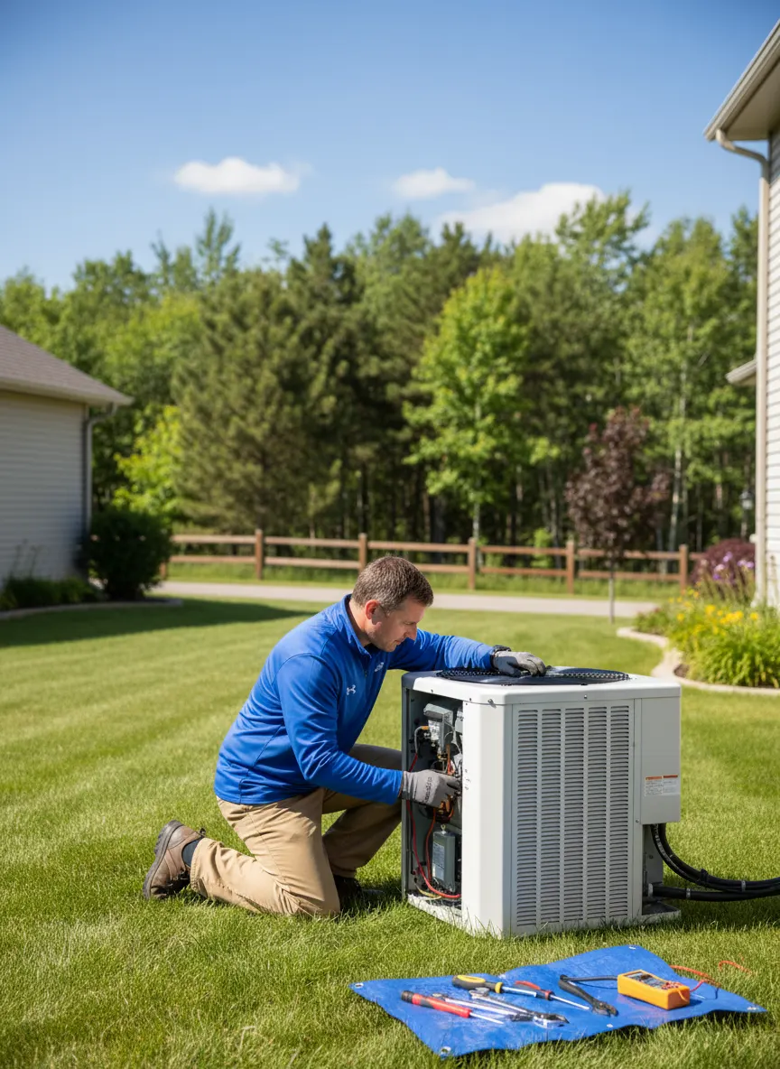 Technician-from-LG-Home-Comfort-repairing-an-air-conditioner-unit-in-Kitchener-to-restore-cooling-efficiency